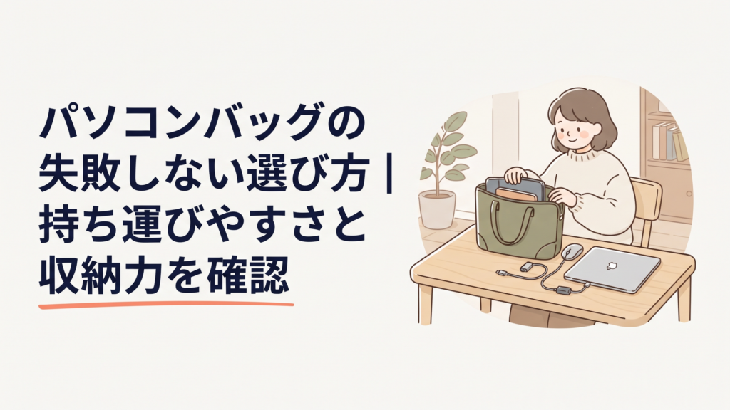 ノートパソコンと充電器やマウスを並べてパソコンバッグのサイズと収納を確認している場面
